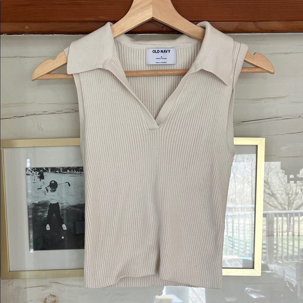 Old Navy Women's Ribbed Cream Cropped Polo